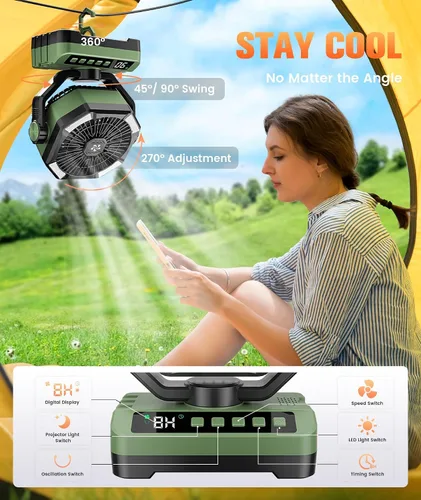 Vista 7 de Ventilador de campamento con pilas, recargable con luz de estrellas, 20000 mAh, funciona con pilas, ventiladores de escritorio de 5 velocidades