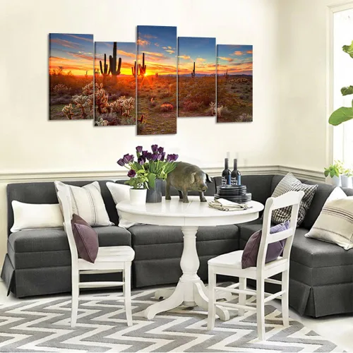 Vista 3 de KREATIVE ARTS - Pinturas de paisajes naturales, arte de pared, puesta de sol con saguaros en el desierto de Sonora, 5 piezas impresas en lienzo