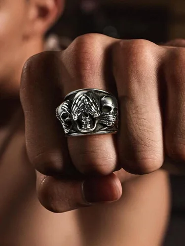 Vista 8 de FaithHeart 3 anillos de calavera para hombre, acero inoxidable sólido, gótico, punk, motociclista, esqueleto, para grabar, tallas 7-14