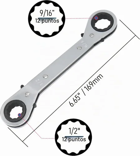 Vista 2 de Llave de trinquete universal reversible de 1/2-9/16 pulgadas, extremo de caja imperial de doble desplazamiento, acero Cr-V cromado mate, resistente