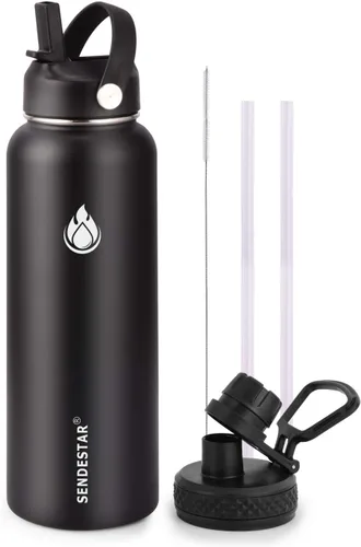 Vista 27 de SENDESTAR Botella de agua aislada de 24 onzas, boca ancha, botella de agua de 24 onzas con tapa con popote, tapa de boquilla, acero inoxidable