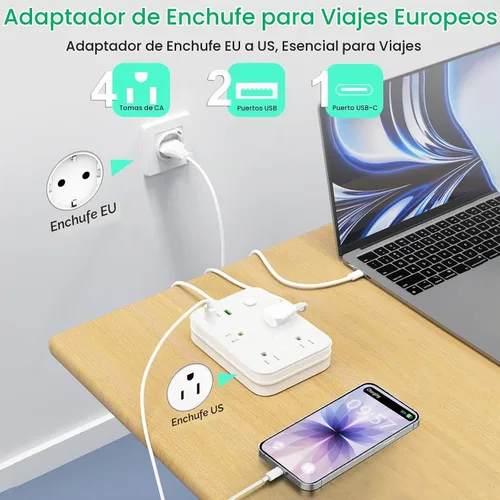 Vista 2 de Adaptador de enchufe de viaje europeo, regleta europea con 4 salidas de CA, 1 USB C y 2 puertos USB, adaptador de enchufe de Europa a EE. UU. Tipo C