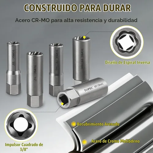 Vista 5 de Topec Juego de Extractor de Pernos Profundos Tipo Espiral de 10 Piezas, Juego de Llaves de Extracción de Bujías, Removedor de Tuercas Peladas