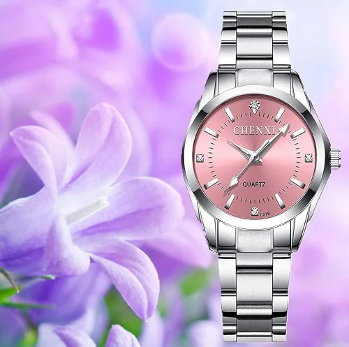 Vista 4 de Reloj clásico de acero inoxidable plateado impermeable de cuarzo analógico de moda para mujer