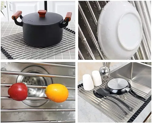 Vista 5 de Escurridor de platos enrollable de acero inoxidable sobre el fregadero para platos de cocina, tazas