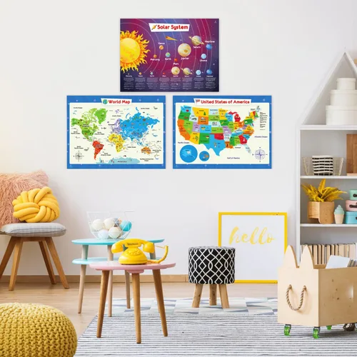 Vista 9 de Juego de 26 carteles educativos para niños, tabla de multiplicación, tabla periódica, Estados Unidos, mapa del mundo, palabras a la vista, familias