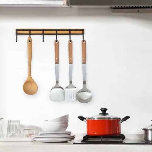 Vista 4 de Colgador de utensilios de cocina, organizador de estante con 6 ganchos, juego de 2 colgadores de pared para utensilios, gancho de pared resistente
