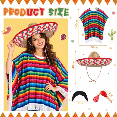 Vista 2 de Unittype 6 Pcs Mexican Costume Set Men Women Sombrero Hat