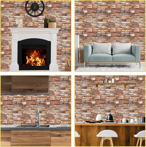 Vista 7 de uxcell Paneles de pared 3D para despegar y pegar, 30 piezas de papel tapiz de ladrillo de espuma para dormitorio, panel de pared de piedra