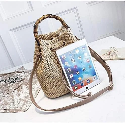 Vista 3 de Youndcc Bolsa de paja tejida para mujer, de ratán, para la playa, tejida a mano, hecha a mano