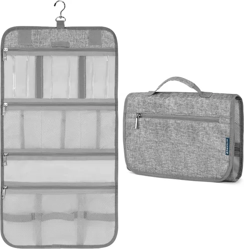 Vista 12 de PAVILIA - Neceser colgante para mujer y hombre, kit de viaje plegable organizador de artículos de tocador, bolsa de cosméticos enrollable, estuche