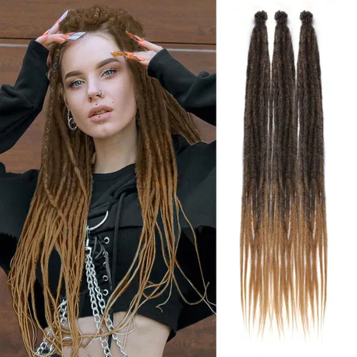 Vista 9 de Extensiones de rastas trenzadas bohemias de 24 pulgadas, 10 hebras de rastas sintéticas rizadas color marrón degradado con trenza de caja, rastas