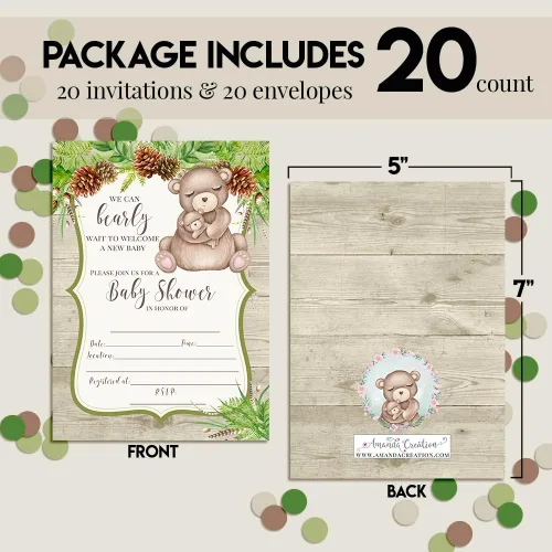 Vista 4 de AmandaCreation - Invitaciones para baby shower de Woodland Mom & Baby Bear para niños o niñas, 20 invitaciones de doble cara de 5 x 7 pulgadas