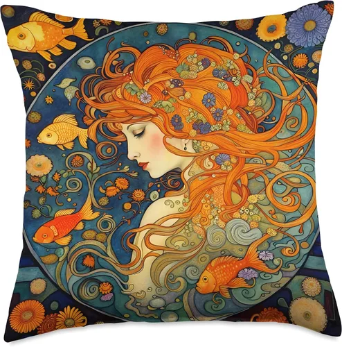 Vista 5 de Red haired Art Nouveau Woman Of The Waters Hermosa almohada estilo Art Nouveau de la mujer pelirroja de las aguas, 16 x 16 pulgadas, multicolor