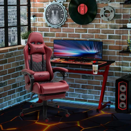Vista 2 de Silla para juegos de carreras: respaldo alto, giratorio, reclinable con reposapiés ajustable y soporte lumbar, piel sintética de diamante, color rojo