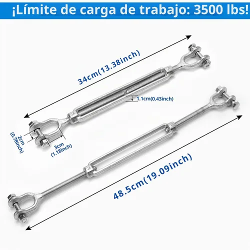 Vista 2 de Tensor de mandíbula a mandíbula de acero galvanizado sumergido en caliente - Tensor de servicio pesado, diámetro roscado de 1/2" x 18, límite