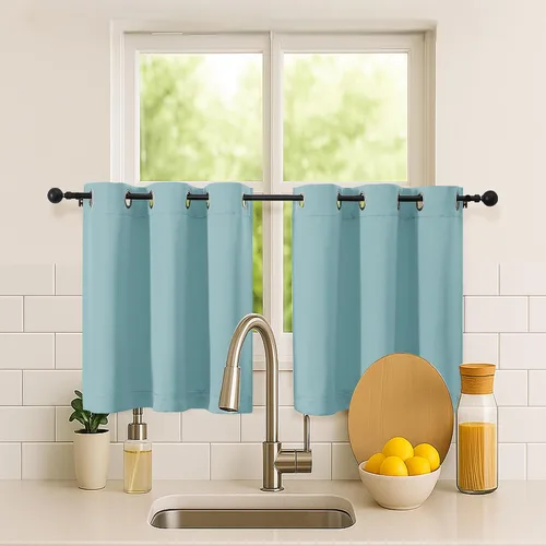 Vista 97 de Simplebrand Juego de 2 paneles de cenefa aguamarina para ventana de cocina de 14 pulgadas de largo, cortinas de oscurecimiento de habitación
