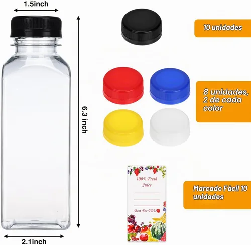 Vista 2 de SUPERLELE 10 botellas de jugo de plástico de 12 onzas con tapas de diferentes colores, recipientes de jugo reutilizables con tapas para jugos Varios