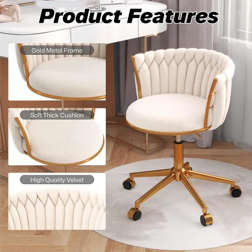 Vista 4 de Silla de oficina en casa tejida de terciopelo, moderna silla de escritorio giratoria con ruedas, silla de tocador ajustable en altura con base