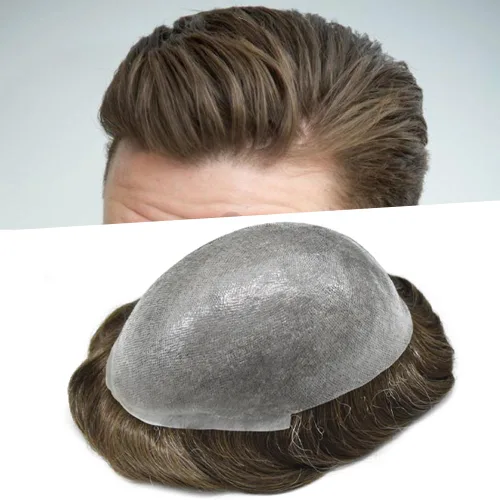 Vista 40 de Tupé de piel ultra fina para hombres pieza de cabello humano real sistema de reemplazo 0.002 in Mens Toupee Hairpiece para hombres V-Loop 8x10 80%