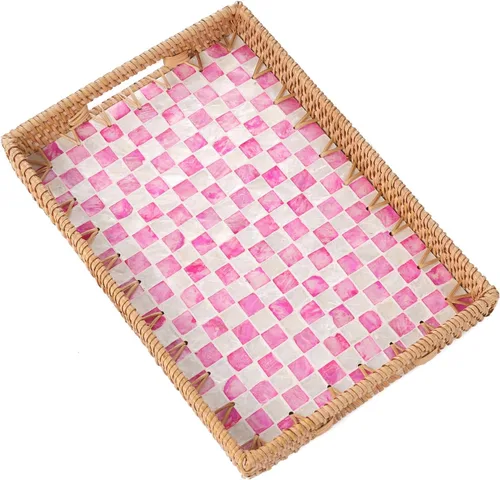Vista 22 de Bandeja rectangular de ratán con incrustaciones de madreperla, bandeja de ratán con asa para café, pan, frutas, aperitivos, bandeja decorativa