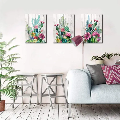 Vista 3 de 3 piezas enmarcadas de arte para pared, acuarela, plantas tropicales, cactus del desierto, impresión en lienzo para dormitorio, baño, flores