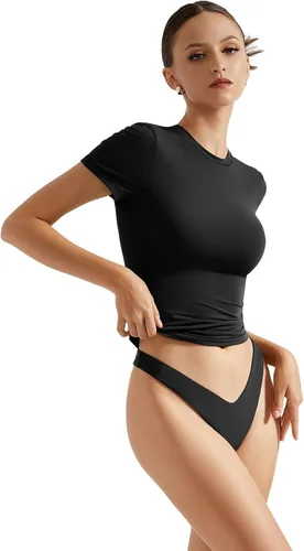 Vista 2 de SUUKSESS Camiseta básica ajustada de doble forro para mujer, cuello redondo, manga corta, Y2K