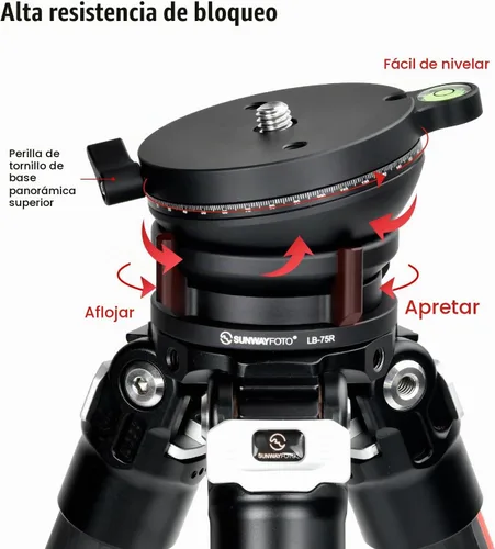 Vista 6 de SUNWAYFOTO LB-75R 360 Base de nivelación panorámica Cabezal de trípode 33 lbs (15kg) Capacidad de carga