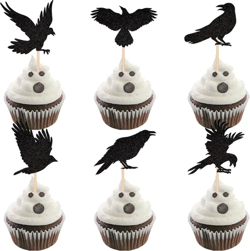 Vista 21 de 30 piezas de decoración de murciélagos de Halloween para cupcakes de murciélago con purpurina negra para Halloween, decoración de pasteles de Negro