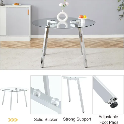 Vista 7 de Modern Luxurious Round Tempered Glass Dining Table with Silver 7 Shaped Metal Legs,Suitable for Family Meals, Office conferences, or as a Casual