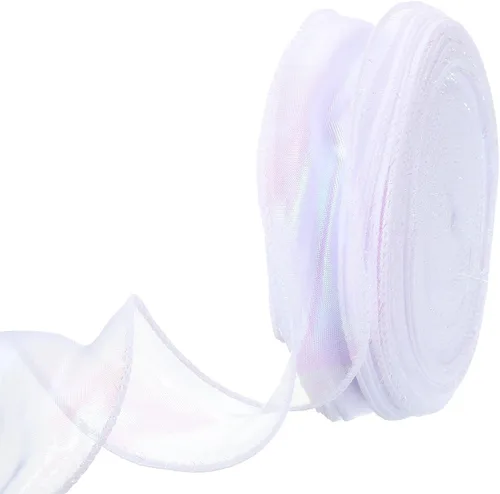 Vista 9 de MECCANIXITY - Cinta de organza con cable de 1 1/2" de ancho, brillante, transparente, con brillo irisado en tonos pastel, cinta de gasa para Beige