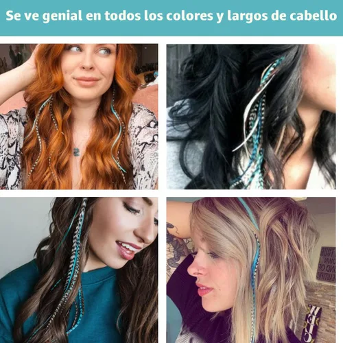Vista 6 de Kit de extensiones de plumas de cabello, plumas de gallo largas reales para cabello con cuentas de microenlace y herramienta de bucle, turquesa