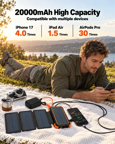 Vista 4 de BLAVOR Banco de energía solar 20,000mAh cargador portátil con 4 paneles Anaranjado encendido