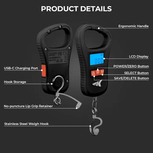 Vista 6 de KastKing ToughTide - Báscula de pesca con carga USB, capacidad de 65 libras, báscula digital ultrafina, pantalla LCD, mango ergonómico, básculas