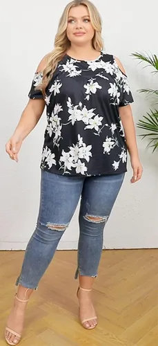 Vista 4 de Camisetas casuales de verano para mujer, hombros descubiertos, manga corta, cuello redondo, ajuste holgado, tallas grandes, plisadas, fluidas