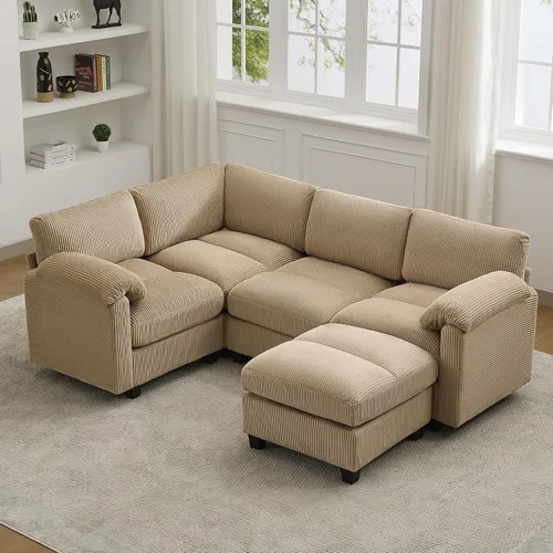 Vista 13 de Sofá modular de 61 pulgadas con otomana, asiento extra profundo para sala de estar, sofá de asiento profundo de pana con almohadas para Beige