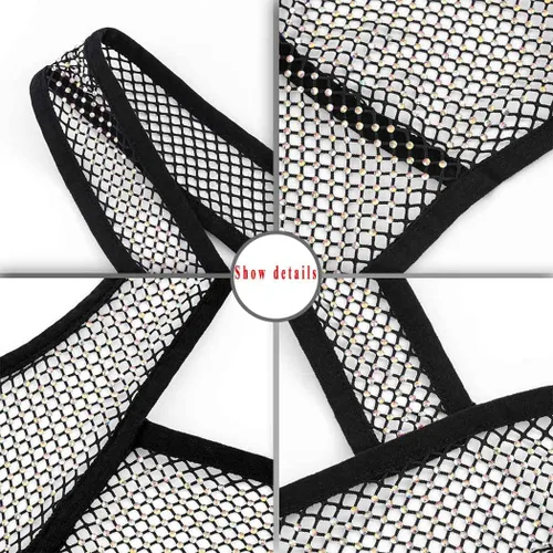 Vista 3 de Navoky Top corto de bikini con diamantes de imitación estilo bohemio negro sexy lentejuelas de malla brillante para fiestas, brasier de verano sin