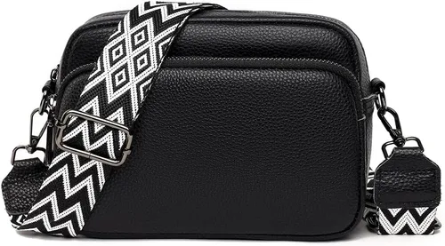 Vista 7 de Bolso cruzado para mujer de cuero genuino con correa ancha, bolso de hombro, bolso de mano, diseño moderno, bolso cruzado para cámara, cierre