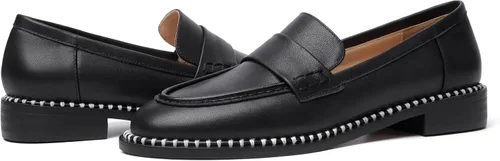 Vista 6 de FOGEENA Mocasines de cuero mate para mujer, estilo casual, sin cordones, punta redonda, tacón bajo grueso, zapatos de vestir de 1 pulgada