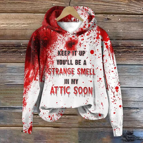 Vista 3 de Sudadera con capucha para mujer con texto en inglés "I'm OK Blood Stain - It's Not My Blood Bloody Print", divertida sudadera con capucha de moda