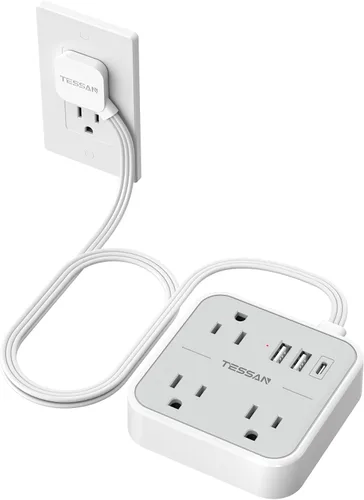 Vista 12 de TESSAN - Cable de extensión plano ultradelgado de 5 pies, color negro Slim Power Strip with USB Ports (1 USB C), Surge Protector, Flat Plug Wall