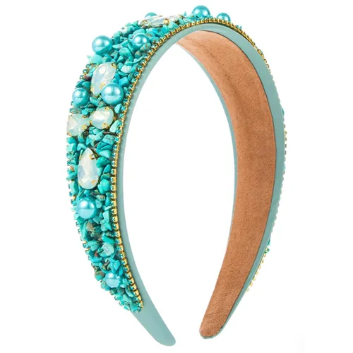 Vista 16 de Diademas turquesa para mujeres y niñas, banda ancha antideslizante para la cabeza, bandas para la cabeza con nudo superior, diadema de perlas de Azul