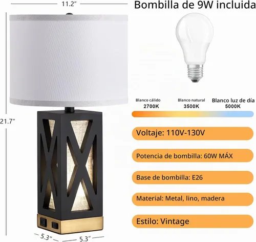 Vista 5 de Lámpara de mesa de madera con 3 temperaturas de color, lámpara de mesa de noche con salida de CA, puerto de carga USB A y C, lámpara de noche