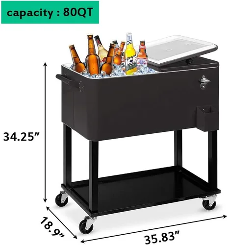 Vista 7 de SSLine - Hielera portátil con ruedas para patio, con ruedas, para exteriores, bar de bebidas frías, carro con estante de almacenamiento