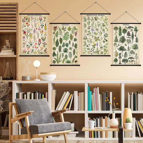 Vista 3 de Lewtemi Póster vintage de 4 piezas de arte de pared botánico de la naturaleza, flores silvestres, hojas, hierbas medicinales, árboles, póster