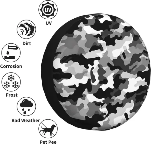 Vista 3 de Funda protectora de rueda de repuesto de camuflaje negro, gris y blanco, protección solar resistente a la intemperie, ajuste universal