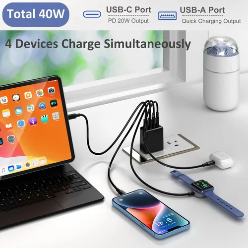 Vista 3 de Costyle - Cargador de pared USB C multipuerto, bloque de carga rápida de 40 W, 4 puertos, doble PD y QC, enchufe de pared doble tipo C, caja