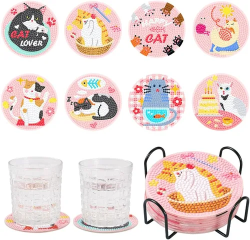 Vista 15 de FASHEWELRY 8 posavasos de arte de diamante con soporte para abejas, kit de posavasos de pintura de diamantes para bebidas, kits de arte de diamantes