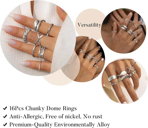 Vista 3 de HAIAISO Juego de 16 anillos gruesos chapados en oro de 18 quilates para mujer, chapados en oro de 18 quilates, trenzados, redondos, ajustables