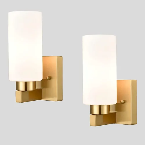 Vista 9 de DEYNITE Conjunto de dos apliques de pared modernos de níquel cepillado para baño con pantalla de vidrio cilíndrico blanco lechoso